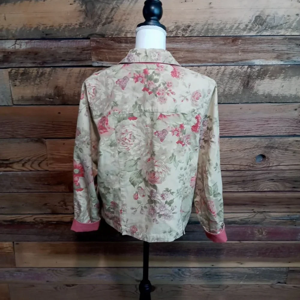 Coldwater Creek Womens Size medium Petite Jacket coral and beige Floral Cotton - Picture 2 of 9
